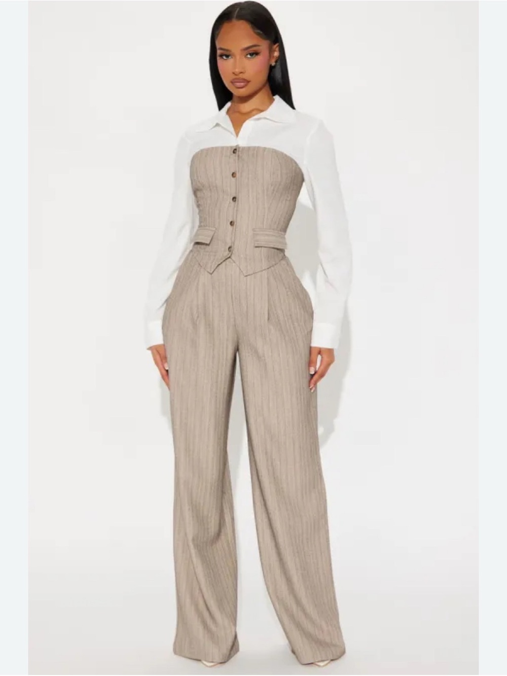 Fashion Nova Taupe Pinstripe Corset Wide-Leg Jumpsuit